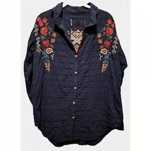 Stunning JOHNNY WAS  Navy Embroidered Button Up Top-Navy Blue